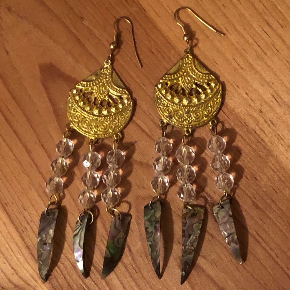 Golden Crystal and Abalone Dangle Earrings